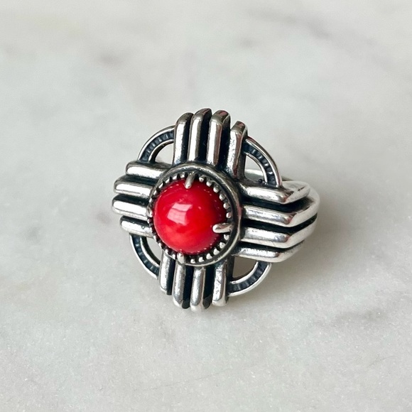 Carolyn Pollack Jewelry - Carolyn Pollack American West Zia Red Coral Gemstone Sterling Silver Ring